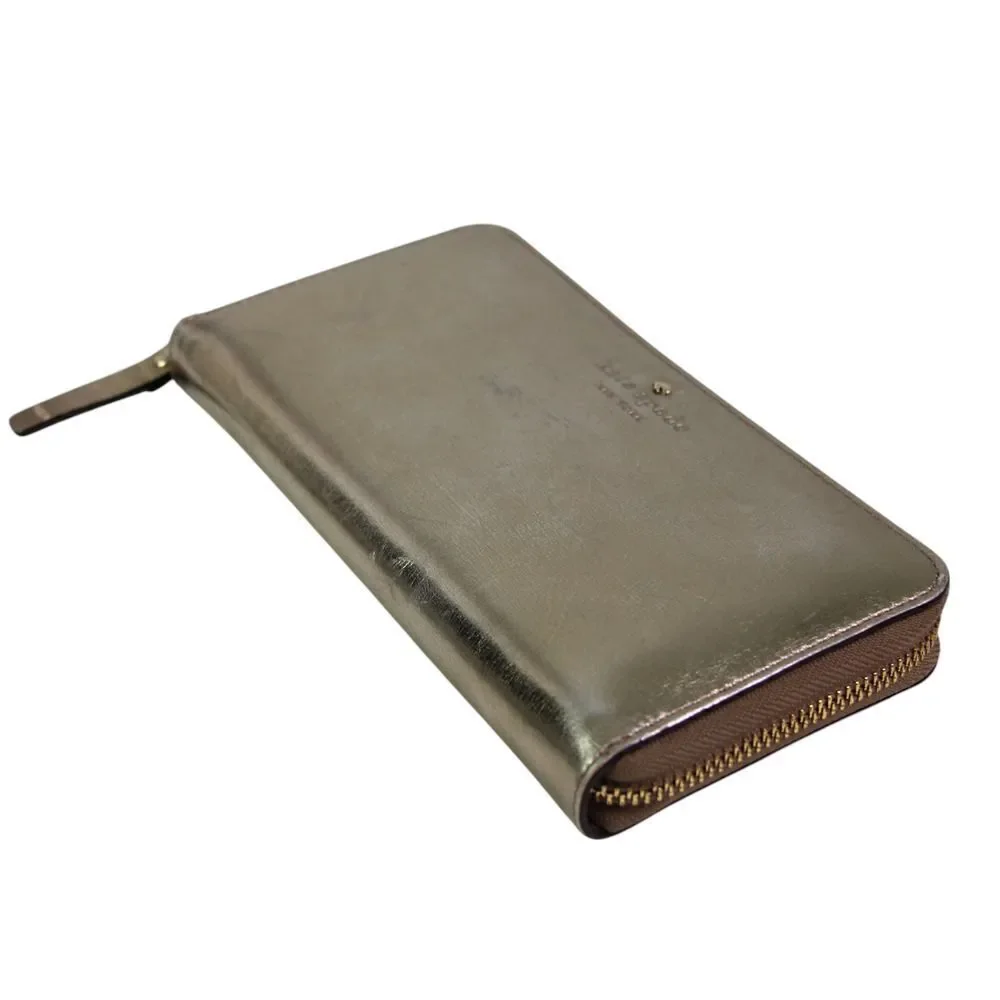 kate spade new york ANTIQUE GOLD REAL LEATHER LOGO ZIP AROUND CARD WALLET CLUTCH